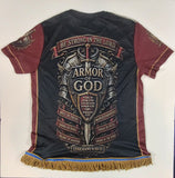 Camiseta hebrea israelita con YHWH (en hebreo antiguo) y Menorá Sagrada con flecos dorados o plateados premium