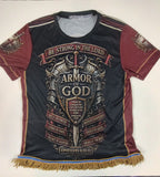 Camiseta hebrea israelita con YHWH (en hebreo antiguo) y Menorá Sagrada con flecos dorados o plateados premium